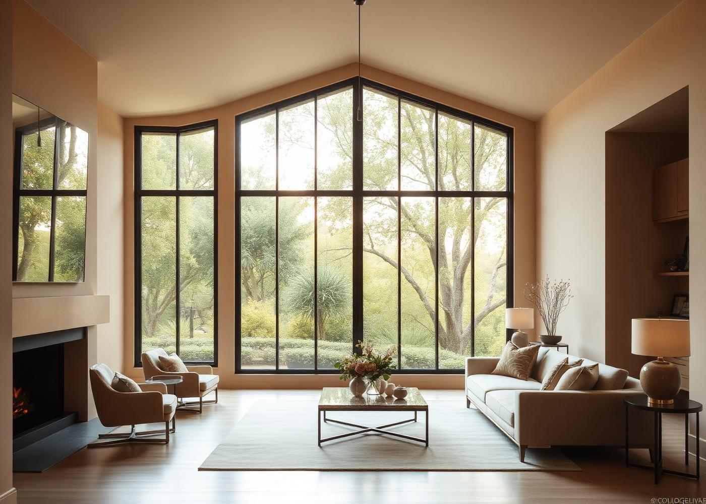 Elegant living room with large windows overlooking California landscape